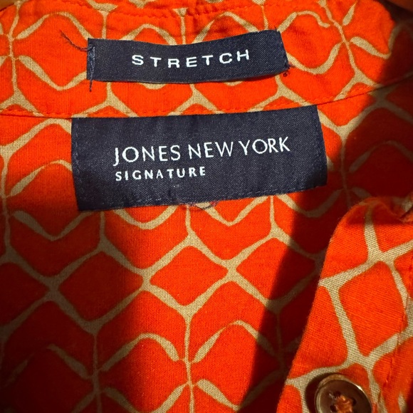 Jones New York Signature Patterned Persimmon Orange Button Down Shirt Stretch - Picture 3 of 4